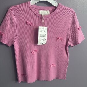 Zara Pink Ribbed Knit Tank with Bow Details